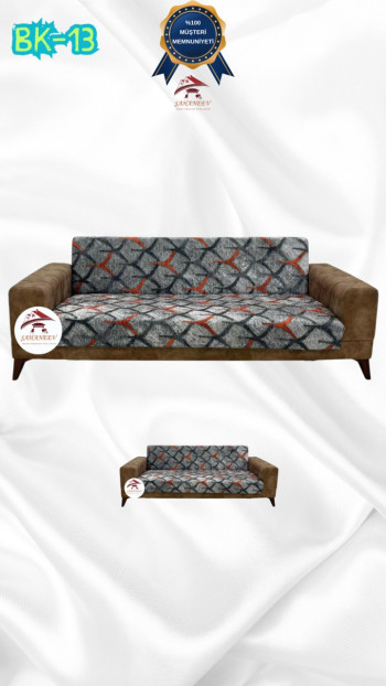 Patterned Printed Velvet Armless Sofa Cover - Elastic Flexible Sofa Set Protector Set Model BK-13 Color 3+2 (2 Piece Set)
