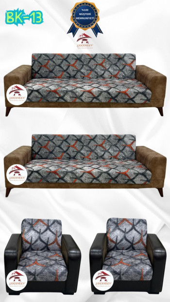 Desenli Baskılı Kadife Kolsuz Koltuk Kılıfı - Elastik Esnek Koltuk Takımı Koruyucu Set Model BK-13 Renk 3+3+1+1 (4 Parça Set)