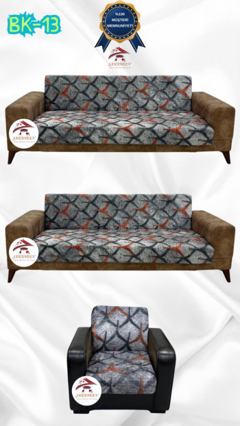 Desenli Baskılı Kadife Kolsuz Koltuk Kılıfı - Elastik Esnek Koltuk Takımı Koruyucu Set Model BK-13 Renk 3+3+1 (3 Parça Set)