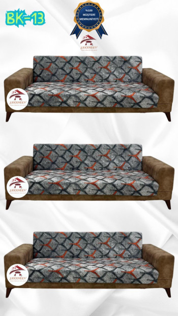 Desenli Baskılı Kadife Kolsuz Koltuk Kılıfı - Elastik Esnek Koltuk Takımı Koruyucu Set Model BK-13 Renk 3+3+3 (3 Parça Set)