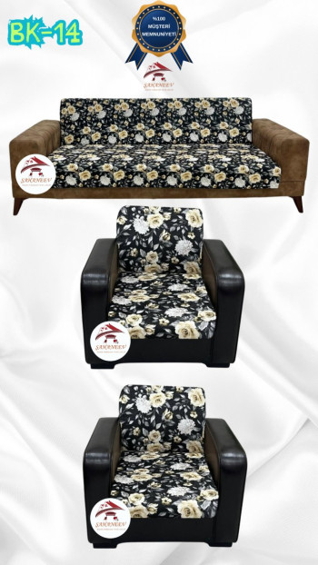 Patterned Printed Velvet Armless Sofa Cover - Elastic Flexible Sofa Set Protector Set Model BK-14 Color 3+1+1 (3 Piece Set)