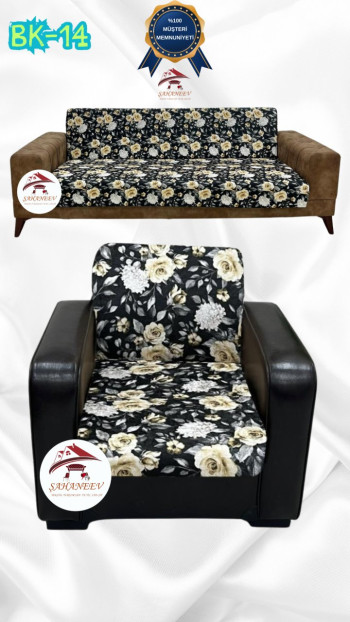 Patterned Printed Velvet Armless Sofa Cover - Elastic Flexible Sofa Set Protector Set Model BK-14 Color 3+1 (2 Piece Set)