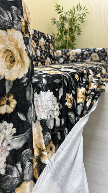 Patterned Printed Velvet Armless Sofa Cover - Elastic Flexible Sofa Set Protector Set Model BK-14 Color 3+1 (2 Piece Set)