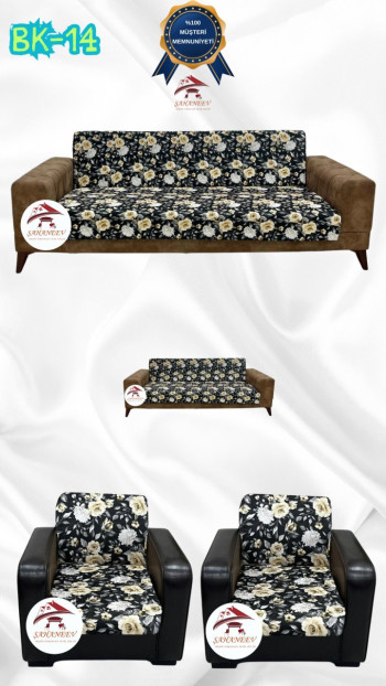 Desenli Baskılı Kadife Kolsuz Koltuk Kılıfı - Elastik Esnek Koltuk Takımı Koruyucu Set Model BK-14 Renk 3+2+1+1 (4 Parça Set)