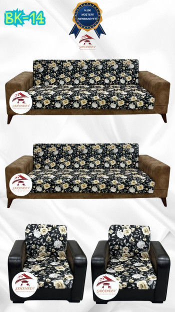 Desenli Baskılı Kadife Kolsuz Koltuk Kılıfı - Elastik Esnek Koltuk Takımı Koruyucu Set Model BK-14 Renk 3+3+1+1 (4 Parça Set)