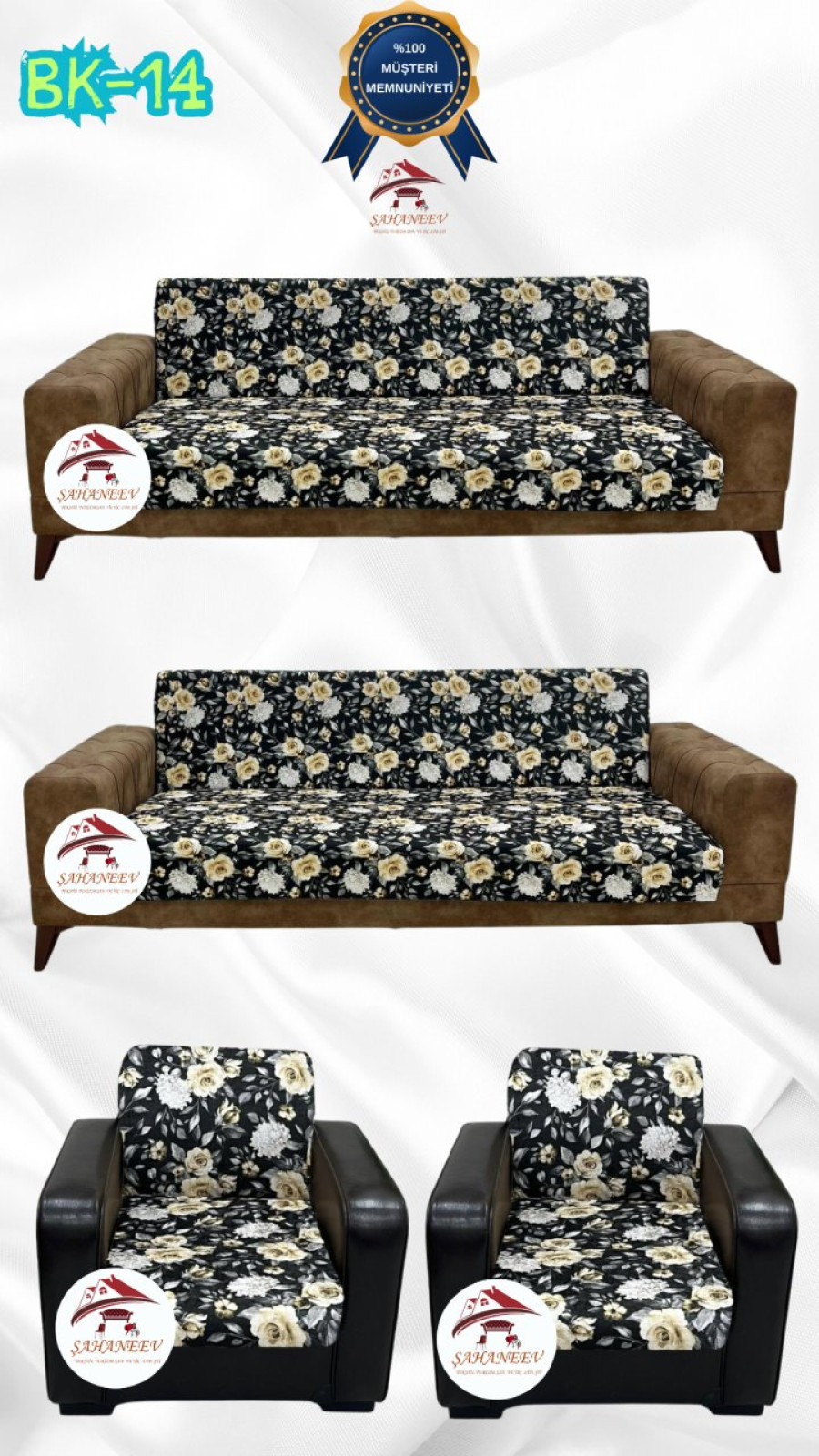 Desenli Baskılı Kadife Kolsuz Koltuk Kılıfı - Elastik Esnek Koltuk Takımı Koruyucu Set Model BK-14 Renk 3+3+1+1 (4 Parça Set) Özel Ölçü