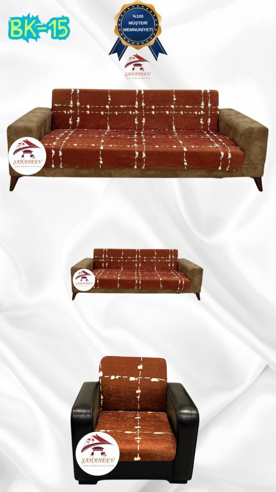 Desenli Baskılı Kadife Kolsuz Koltuk Kılıfı - Elastik Esnek Koltuk Takımı Koruyucu Set Model BK-15 Renk 3+2+1 (3 Parça Set) Özel Ölçü