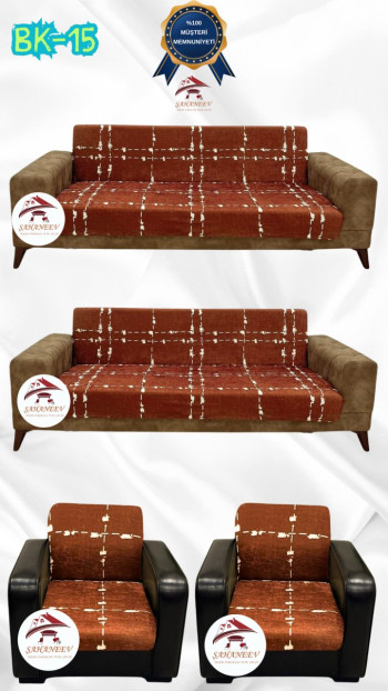 Desenli Baskılı Kadife Kolsuz Koltuk Kılıfı - Elastik Esnek Koltuk Takımı Koruyucu Set Model BK-15 Renk 3+3+1+1 (4 Parça Set)