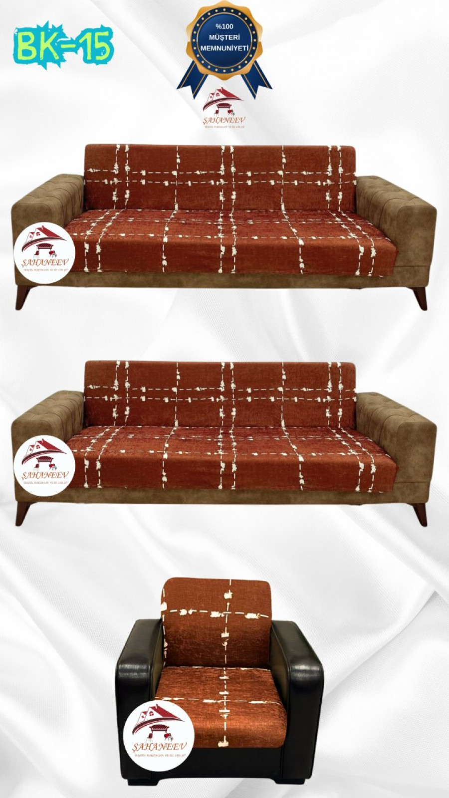 Desenli Baskılı Kadife Kolsuz Koltuk Kılıfı - Elastik Esnek Koltuk Takımı Koruyucu Set Model BK-15 Renk 3+3+1 (3 Parça Set) Özel Ölçü