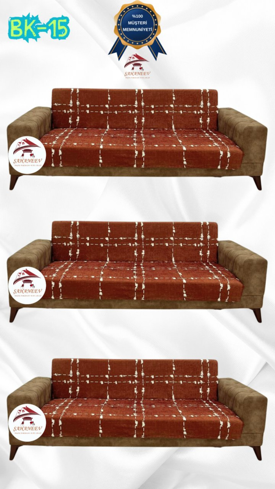 Desenli Baskılı Kadife Kolsuz Koltuk Kılıfı - Elastik Esnek Koltuk Takımı Koruyucu Set Model BK-15 Renk 3+3+3 (3 Parça Set) Özel Ölçü