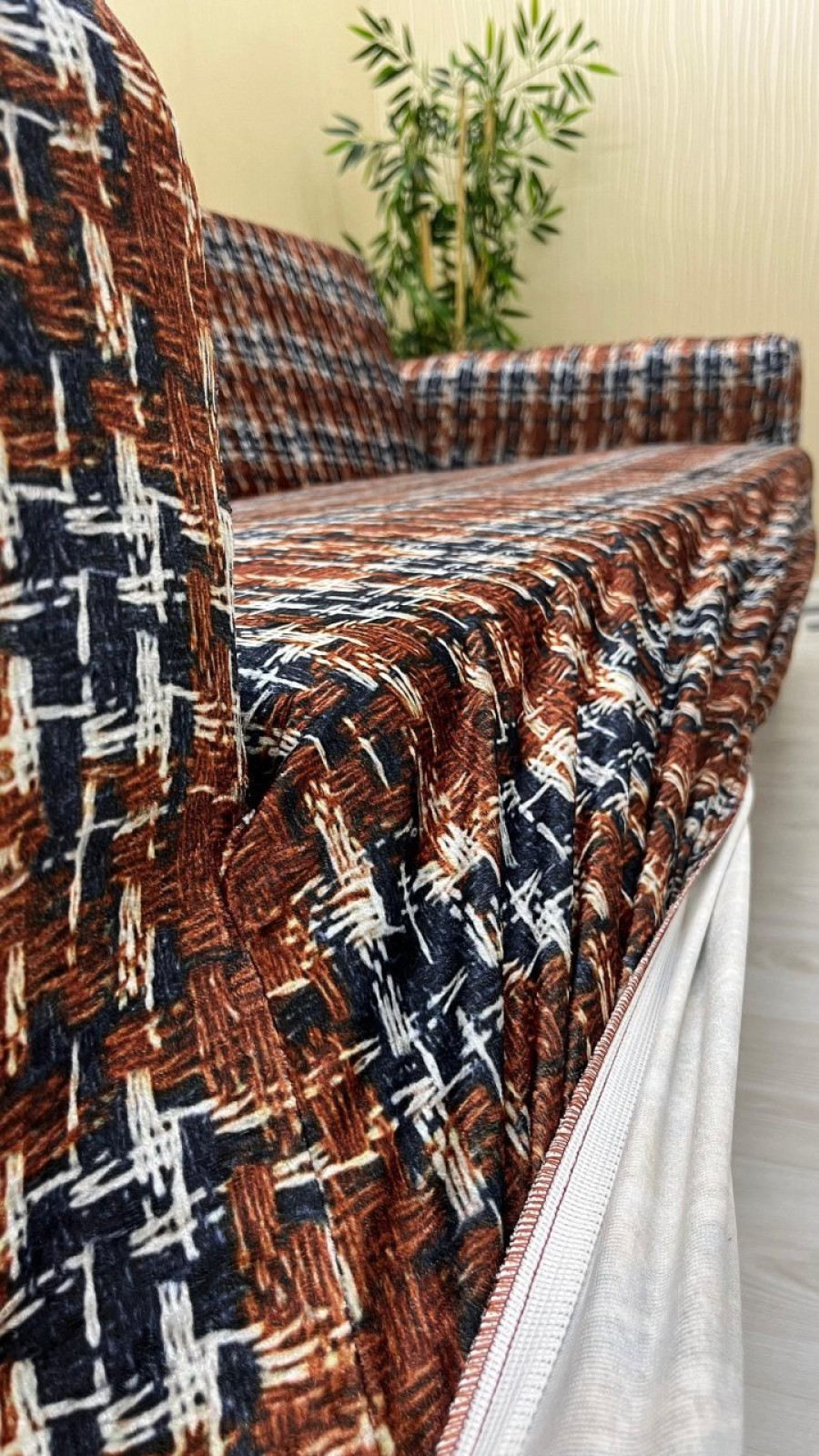 Patterned Printed Velvet Armless Sofa Cover - Elastic Flexible Sofa Set Protector Set Model BK-16 Color 1+1 (2 Piece Set) Custom Size