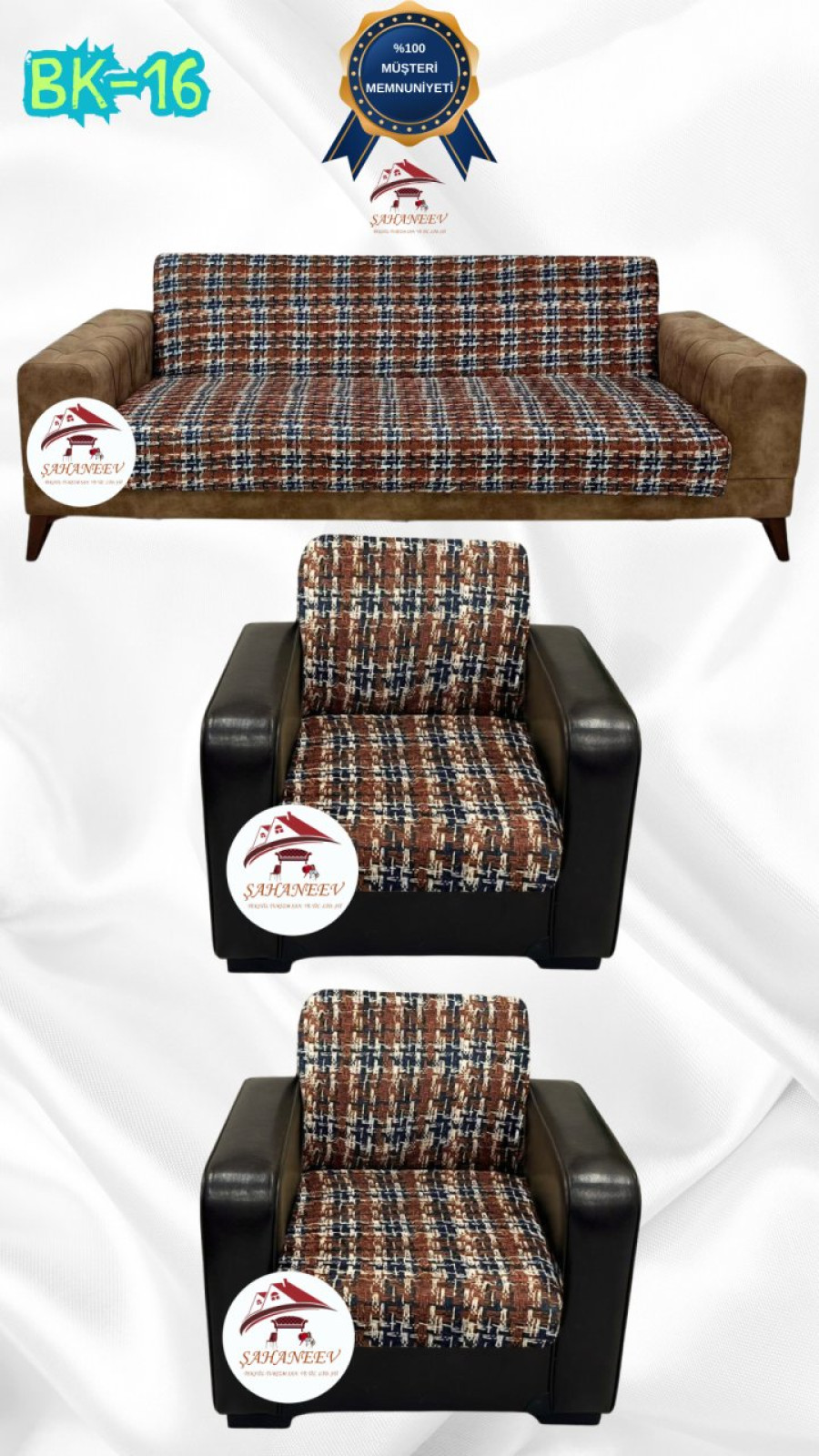 Patterned Printed Velvet Armless Sofa Cover - Elastic Flexible Sofa Set Protector Set Model BK-16 Color 3+1+1 (3 Piece Set) Custom Size