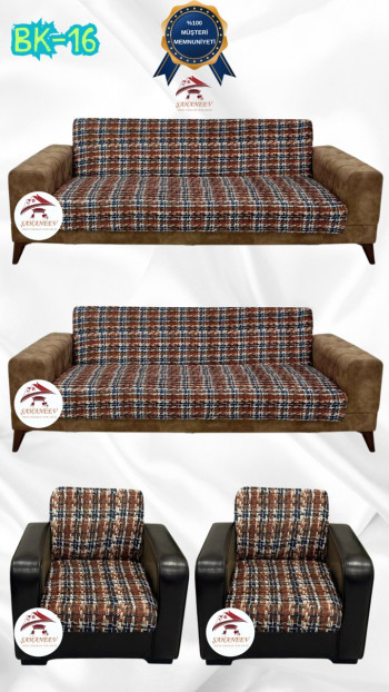 Patterned Printed Velvet Armless Sofa Cover - Elastic Flexible Sofa Set Protector Set Model BK-16 Color 3+3+1+1 (4 Piece Set)