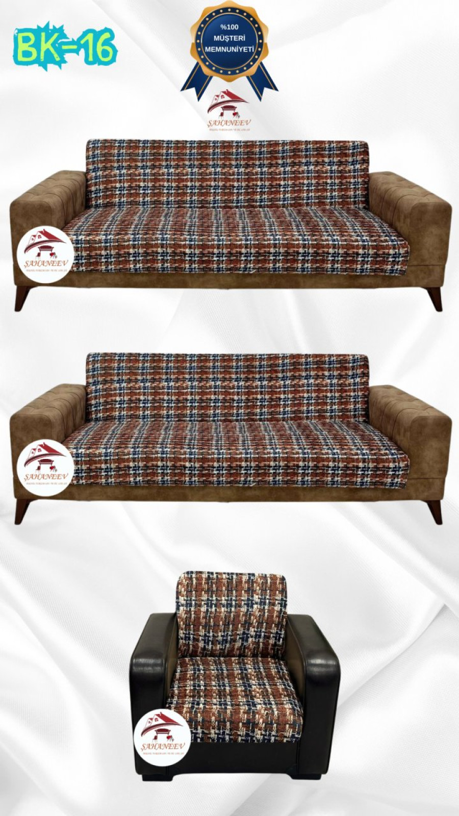 Desenli Baskılı Kadife Kolsuz Koltuk Kılıfı - Elastik Esnek Koltuk Takımı Koruyucu Set Model BK-16 Renk 3+3+1 (3 Parça Set) Özel Ölçü