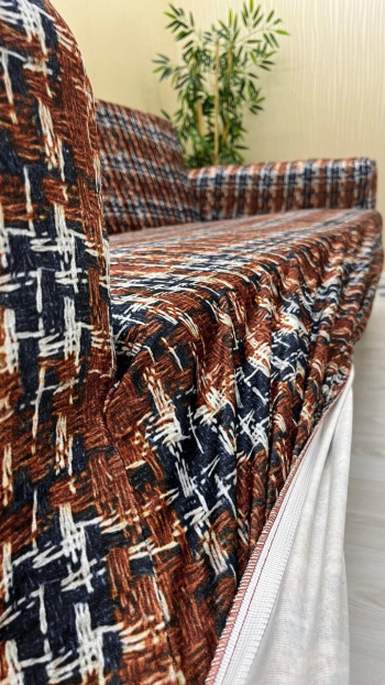 Patterned Printed Velvet Armless Sofa Cover - Elastic Flexible Sofa Set Protector Set Model BK-16 Color 3+3 (2 Piece Set)