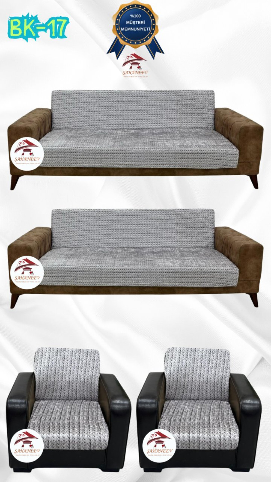 Desenli Baskılı Kadife Kolsuz Koltuk Kılıfı - Elastik Esnek Koltuk Takımı Koruyucu Set Model BK-17 Renk 3+3+1+1 (4 Parça Set)