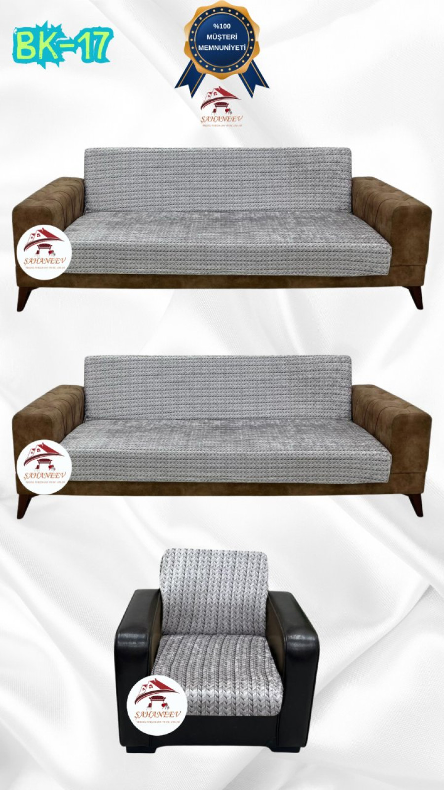 Desenli Baskılı Kadife Kolsuz Koltuk Kılıfı - Elastik Esnek Koltuk Takımı Koruyucu Set Model BK-17 Renk 3+3+1 (3 Parça Set) Özel Ölçü