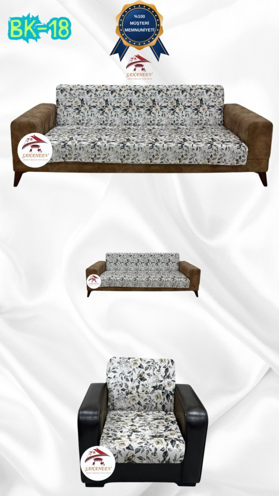 Desenli Baskılı Kadife Kolsuz Koltuk Kılıfı - Elastik Esnek Koltuk Takımı Koruyucu Set Model BK-18 Renk 3+2+1 (3 Parça Set) Özel Ölçü