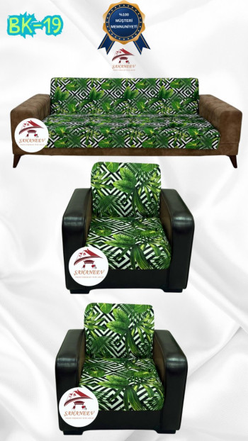 Patterned Printed Velvet Armless Sofa Cover - Elastic Flexible Sofa Set Protector Set Model BK-19 Color 3+1+1 (3 Piece Set)