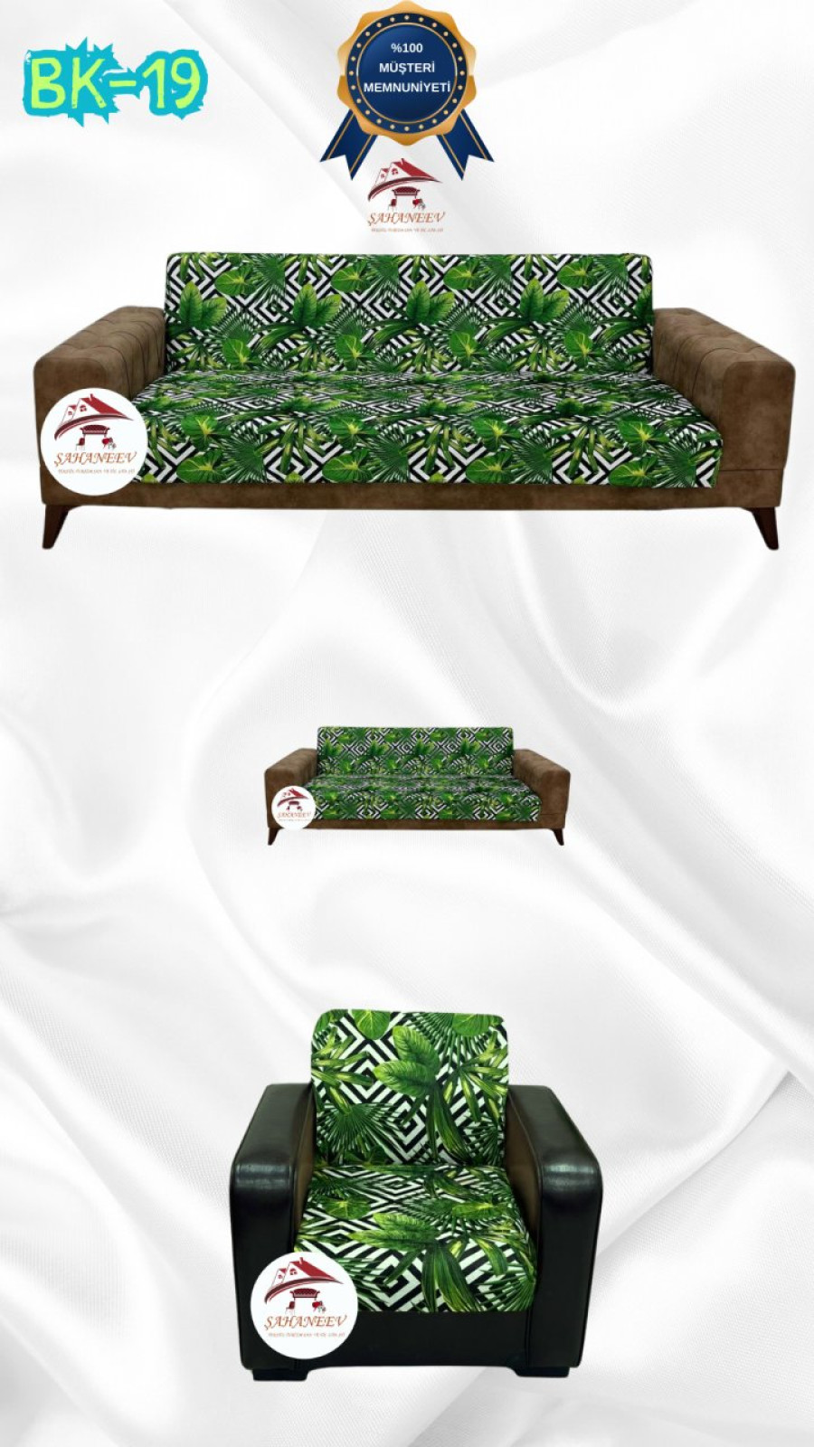 Desenli Baskılı Kadife Kolsuz Koltuk Kılıfı - Elastik Esnek Koltuk Takımı Koruyucu Set Model BK-19 Renk 3+2+1 (3 Parça Set)