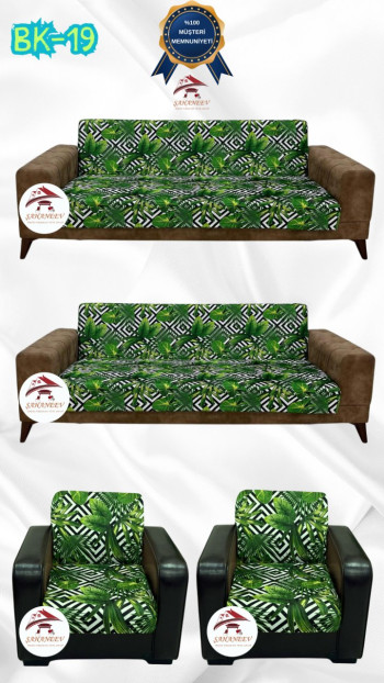 Patterned Printed Velvet Armless Sofa Cover - Elastic Flexible Sofa Set Protector Set Model BK-19 Color 3+3+1+1 (4 Piece Set)
