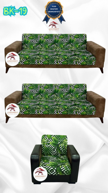 Patterned Printed Velvet Armless Sofa Cover - Elastic Flexible Sofa Set Protector Set Model BK-19 Color 3+3+1 (3 Piece Set)