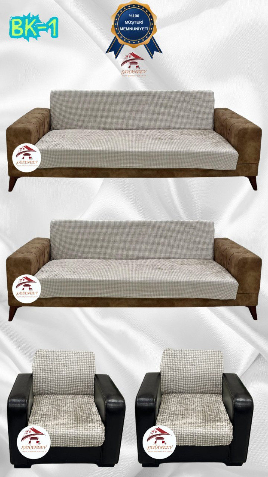 Desenli Baskılı Kadife Kolsuz Koltuk Kılıfı - Elastik Esnek Koltuk Takımı Koruyucu Set Model BK-01 Renk 3+3+1+1 (4 Parça Set) Özel Ölçü