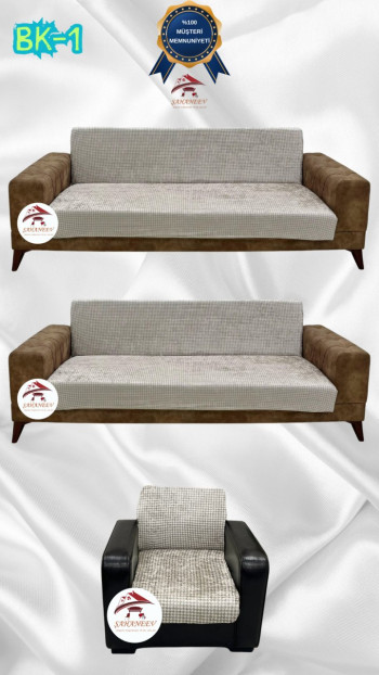 Desenli Baskılı Kadife Kolsuz Koltuk Kılıfı - Elastik Esnek Koltuk Takımı Koruyucu Set Model BK-01 Renk 3+3+1 (3 Parça Set)