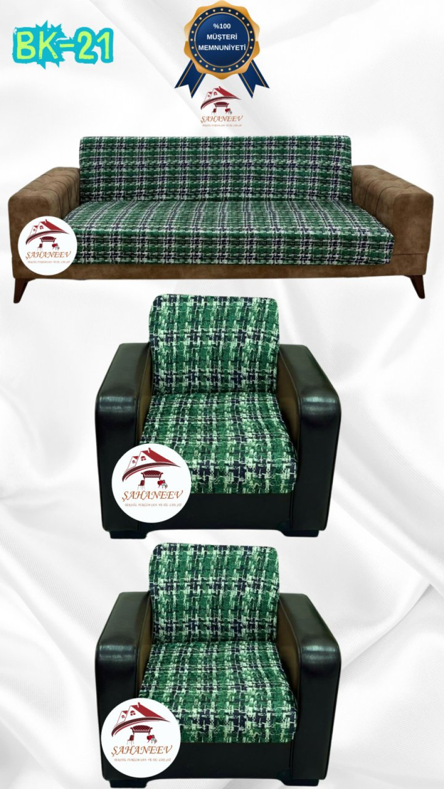 Patterned Printed Velvet Armless Sofa Cover - Elastic Flexible Sofa Set Protector Set Model BK-21 Color 3+1+1 (3 Piece Set) Custom Size