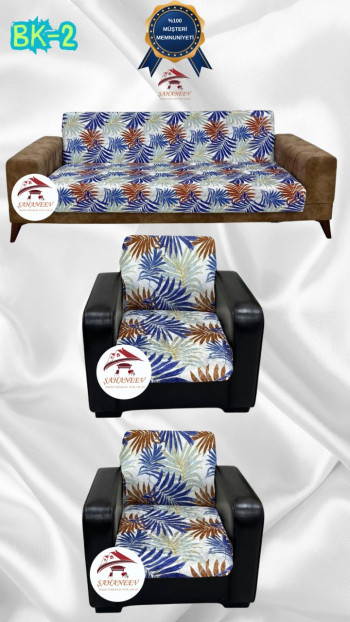 Patterned Printed Velvet Armless Sofa Cover - Elastic Flexible Sofa Set Protector Set Model BK-02 Color 3+1+1 (3 Piece Set)