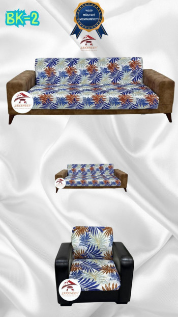 Desenli Baskılı Kadife Kolsuz Koltuk Kılıfı - Elastik Esnek Koltuk Takımı Koruyucu Set Model BK-02 Renk 3+2+1 (3 Parça Set)