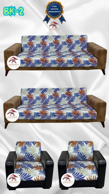 Desenli Baskılı Kadife Kolsuz Koltuk Kılıfı - Elastik Esnek Koltuk Takımı Koruyucu Set Model BK-02 Renk 3+3+1+1 (4 Parça Set)