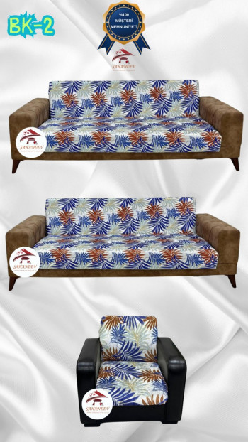 Desenli Baskılı Kadife Kolsuz Koltuk Kılıfı - Elastik Esnek Koltuk Takımı Koruyucu Set Model BK-02 Renk 3+3+1 (3 Parça Set)