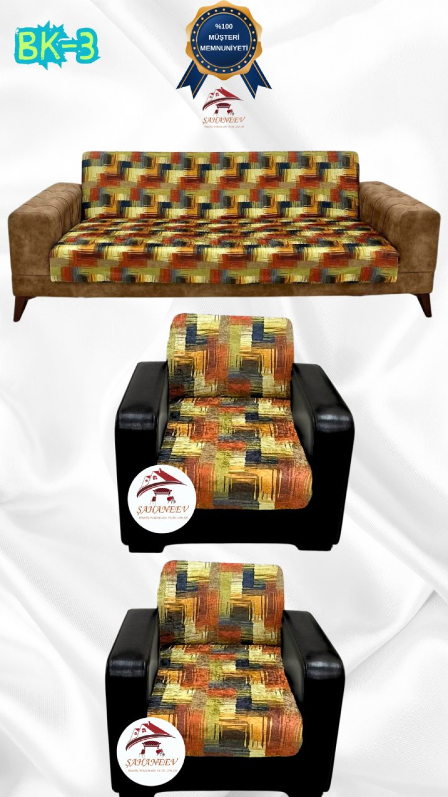 Patterned Printed Velvet Armless Sofa Cover - Elastic Flexible Sofa Set Protector Set Model BK-03 Color 3+1+1 (3 Piece Set) Custom Size