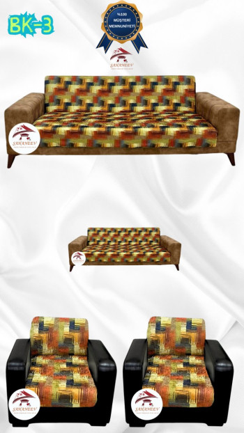 Desenli Baskılı Kadife Kolsuz Koltuk Kılıfı - Elastik Esnek Koltuk Takımı Koruyucu Set Model BK-03 Renk 3+2+1+1 (4 Parça Set)