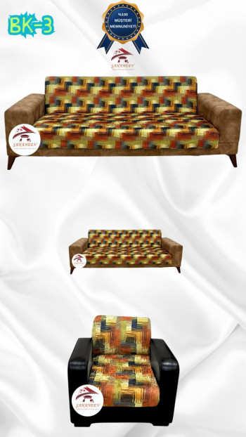 Desenli Baskılı Kadife Kolsuz Koltuk Kılıfı - Elastik Esnek Koltuk Takımı Koruyucu Set Model BK-03 Renk 3+2+1 (3 Parça Set)
