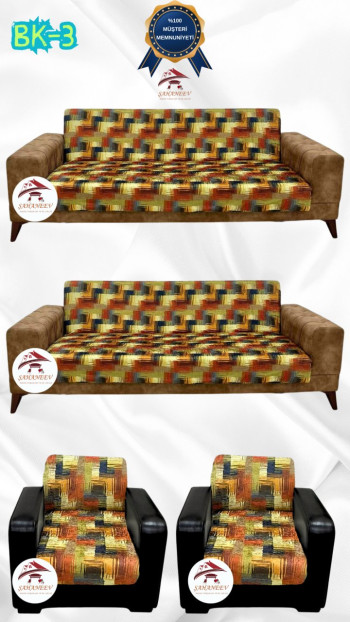 Desenli Baskılı Kadife Kolsuz Koltuk Kılıfı - Elastik Esnek Koltuk Takımı Koruyucu Set Model BK-03 Renk 3+3+1+1 (4 Parça Set)