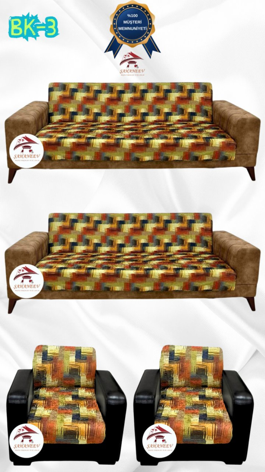 Desenli Baskılı Kadife Kolsuz Koltuk Kılıfı - Elastik Esnek Koltuk Takımı Koruyucu Set Model BK-03 Renk 3+3+1+1 (4 Parça Set) Özel Ölçü