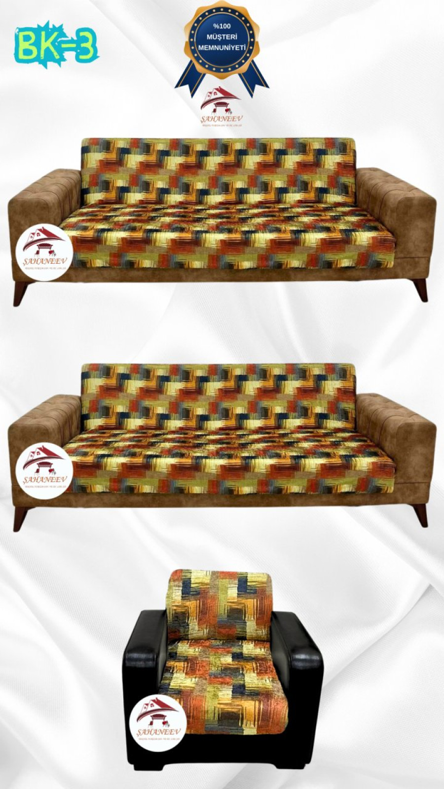 Desenli Baskılı Kadife Kolsuz Koltuk Kılıfı - Elastik Esnek Koltuk Takımı Koruyucu Set Model BK-03 Renk 3+3+1 (3 Parça Set) Özel Ölçü