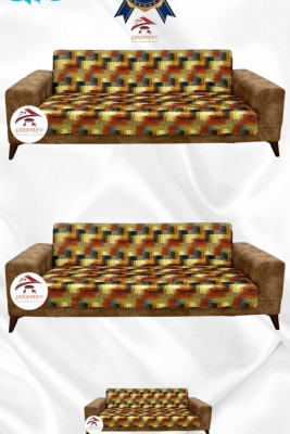 Patterned Printed Velvet Armless Sofa Cover - Elastic Flexible Sofa Set Protector Set Model BK-03 Color 3+3+2 (3 Piece Set)