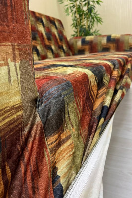 Patterned Printed Velvet Armless Sofa Cover - Elastic Flexible Sofa Set Protector Set Model BK-03 Color 3+3+2 (3 Piece Set)