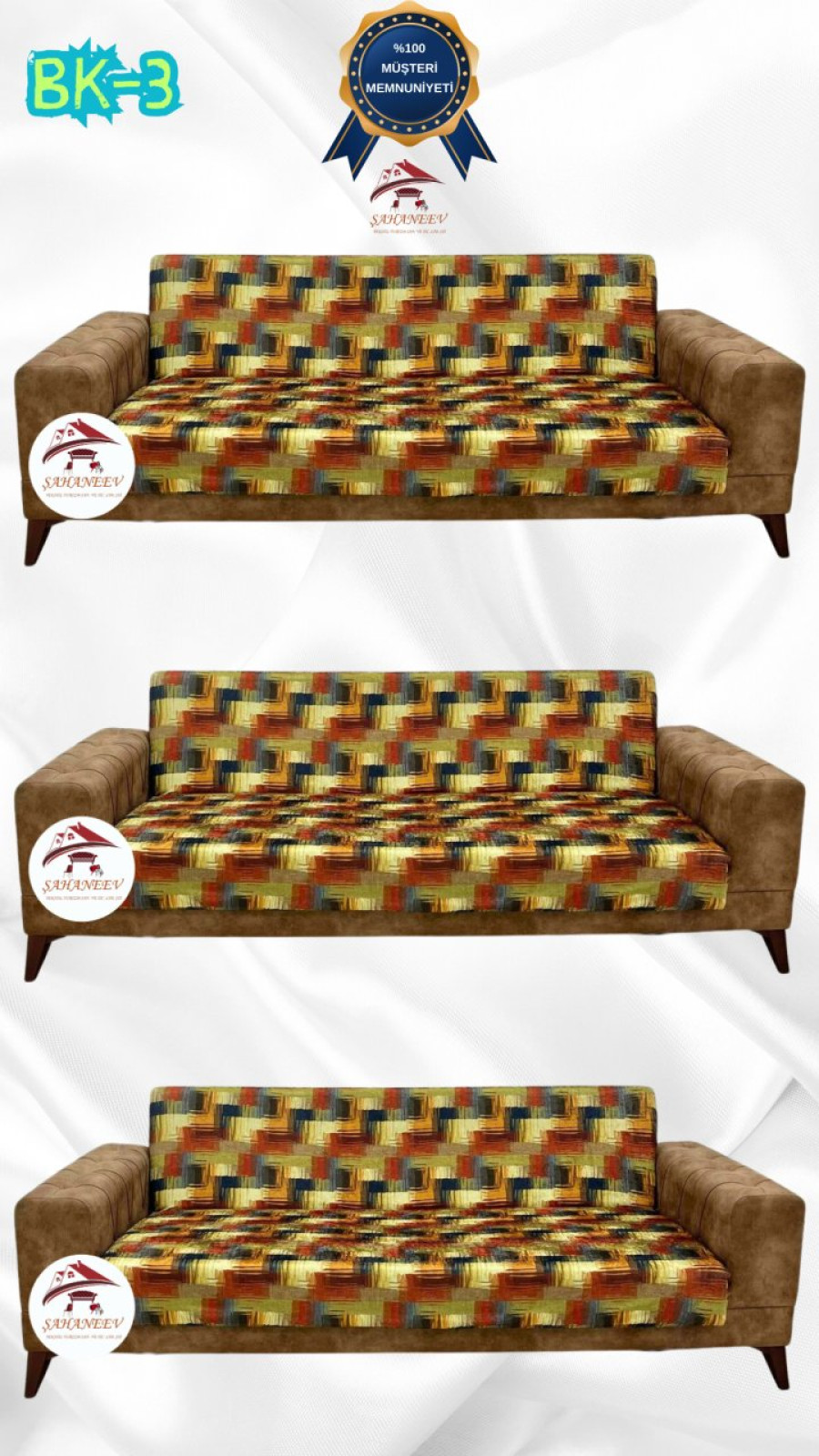 Desenli Baskılı Kadife Kolsuz Koltuk Kılıfı - Elastik Esnek Koltuk Takımı Koruyucu Set Model BK-03 Renk 3+3+3 (3 Parça Set) Özel Ölçü