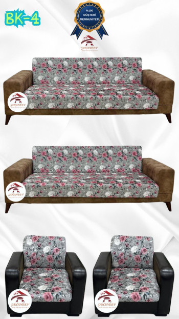 Desenli Baskılı Kadife Kolsuz Koltuk Kılıfı - Elastik Esnek Koltuk Takımı Koruyucu Set Model BK-04 Renk 3+3+1+1 (4 Parça Set)