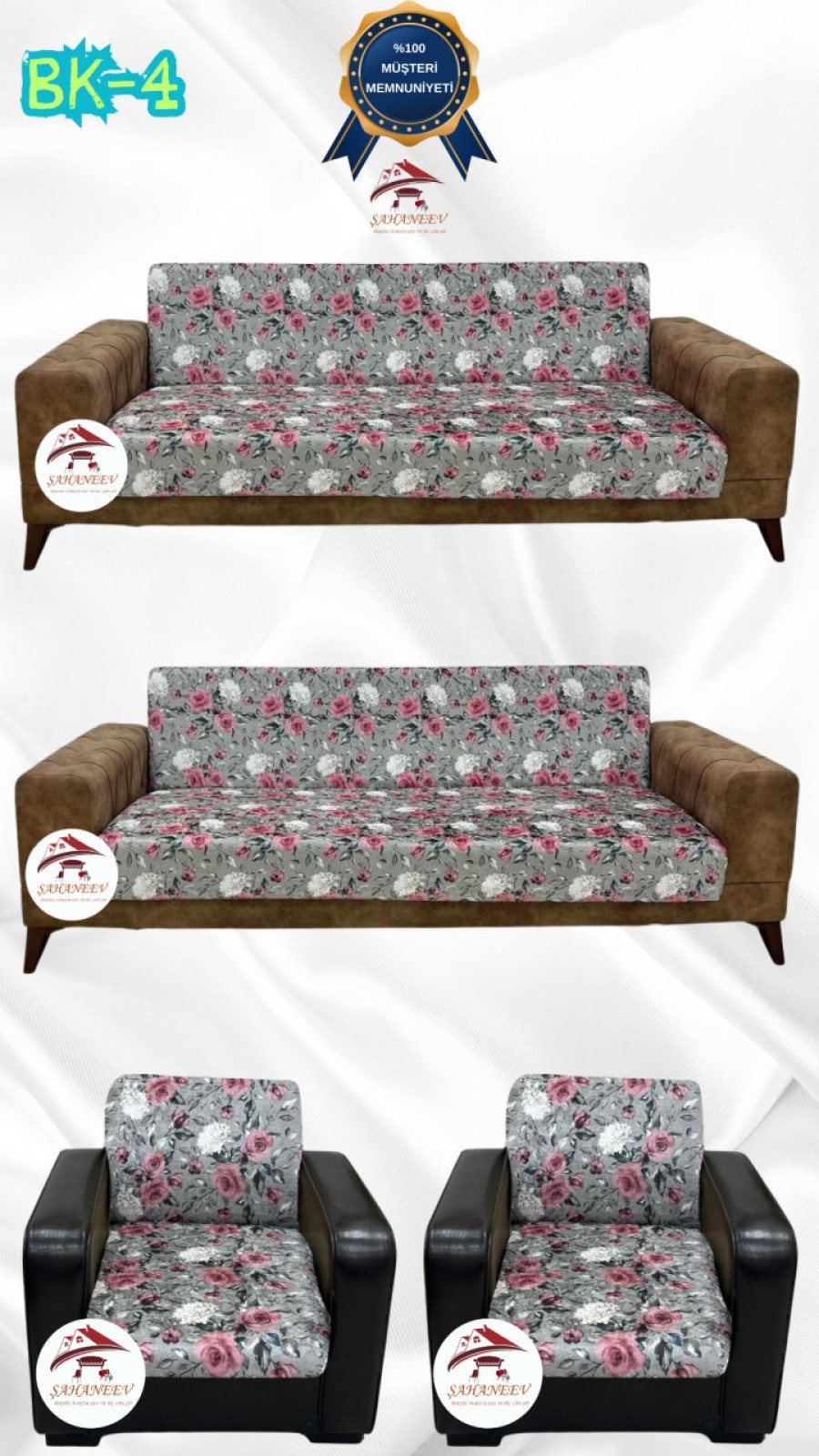 Desenli Baskılı Kadife Kolsuz Koltuk Kılıfı - Elastik Esnek Koltuk Takımı Koruyucu Set Model BK-04 Renk 3+3+1+1 (4 Parça Set) Özel Ölçü