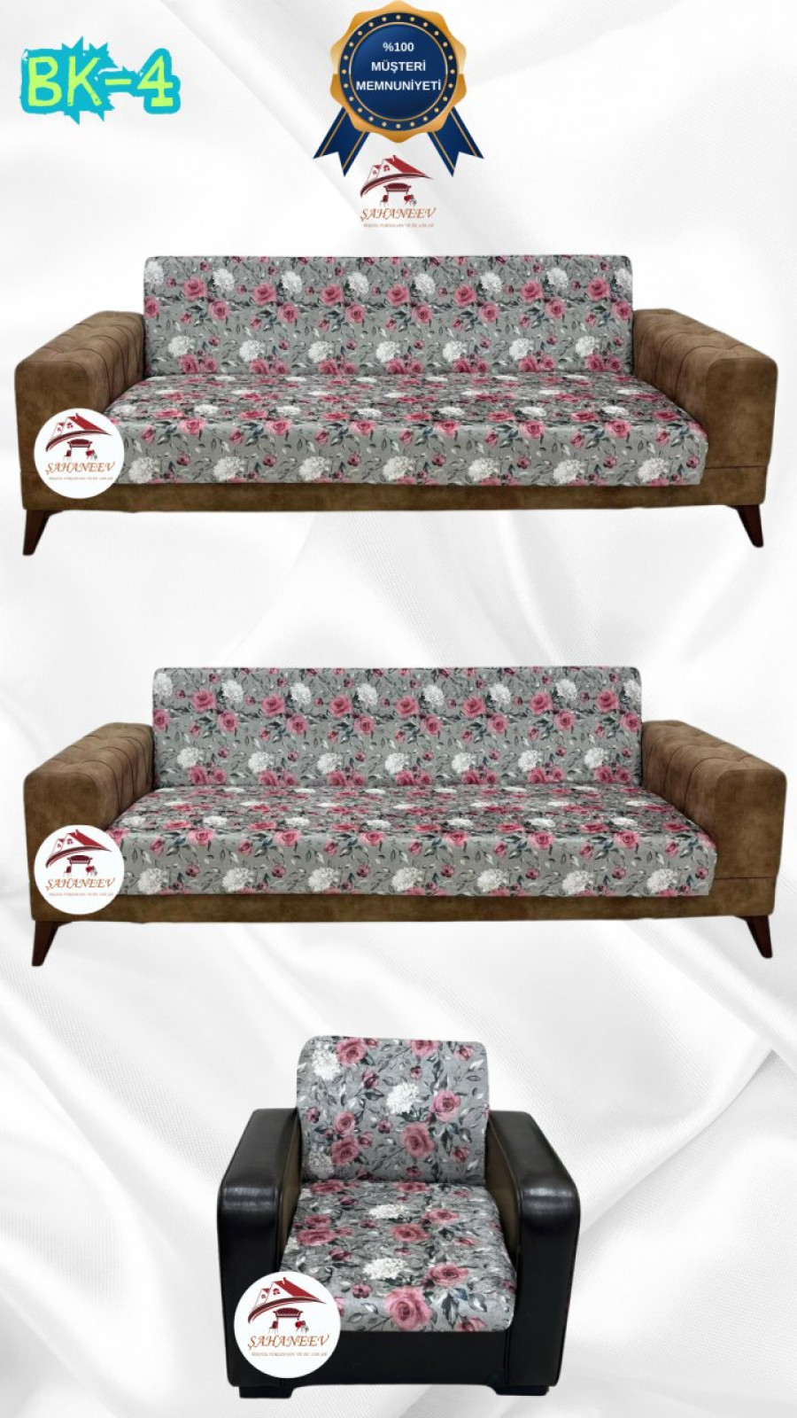 Desenli Baskılı Kadife Kolsuz Koltuk Kılıfı - Elastik Esnek Koltuk Takımı Koruyucu Set Model BK-04 Renk 3+3+1 (3 Parça Set) Özel Ölçü