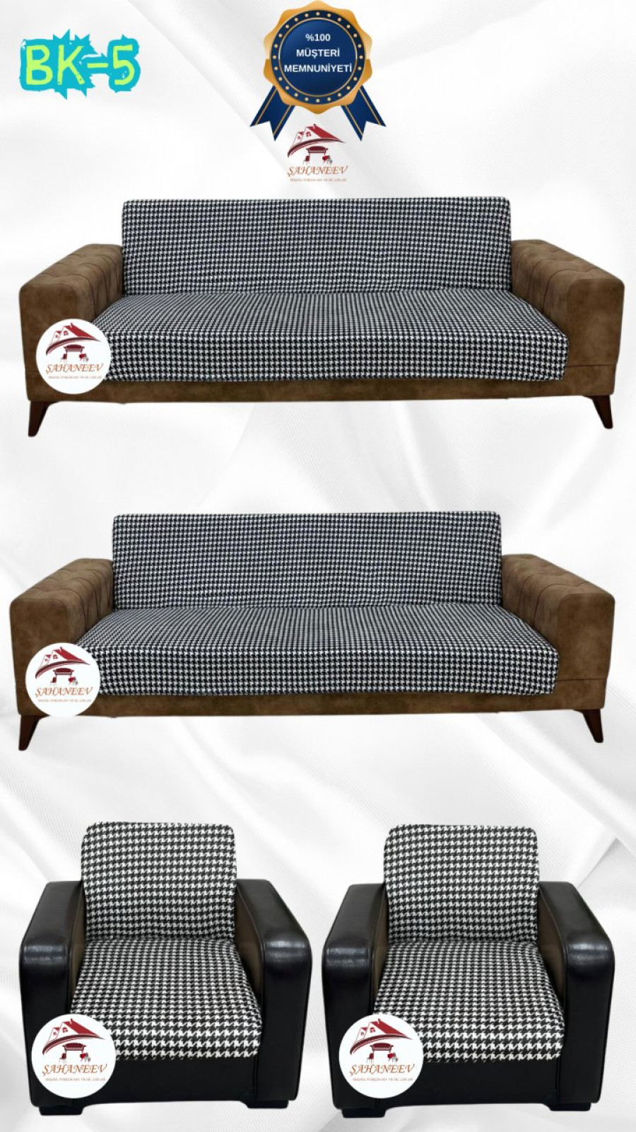 Desenli Baskılı Kadife Kolsuz Koltuk Kılıfı - Elastik Esnek Koltuk Takımı Koruyucu Set Model BK-05 Renk 3+3+1+1 (4 Parça Set) Özel Ölçü