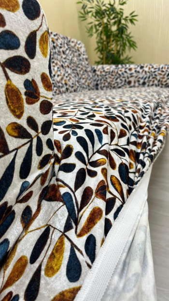 Patterned Printed Velvet Armless Sofa Cover - Elastic Flexible Sofa Set Protector Set Model BK-06 Color 1+1 (2 Piece Set)