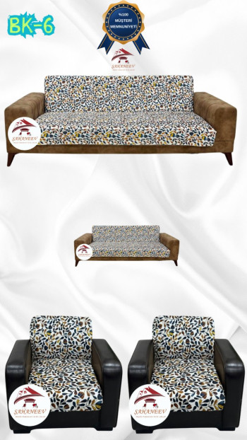 Desenli Baskılı Kadife Kolsuz Koltuk Kılıfı - Elastik Esnek Koltuk Takımı Koruyucu Set Model BK-06 Renk 3+2+1+1 (4 Parça Set)