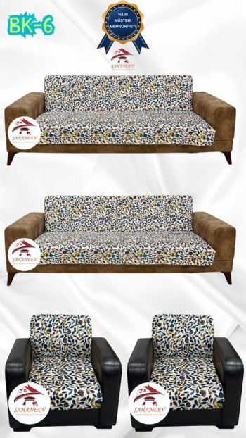 Desenli Baskılı Kadife Kolsuz Koltuk Kılıfı - Elastik Esnek Koltuk Takımı Koruyucu Set Model BK-06 Renk 3+3+1+1 (4 Parça Set)