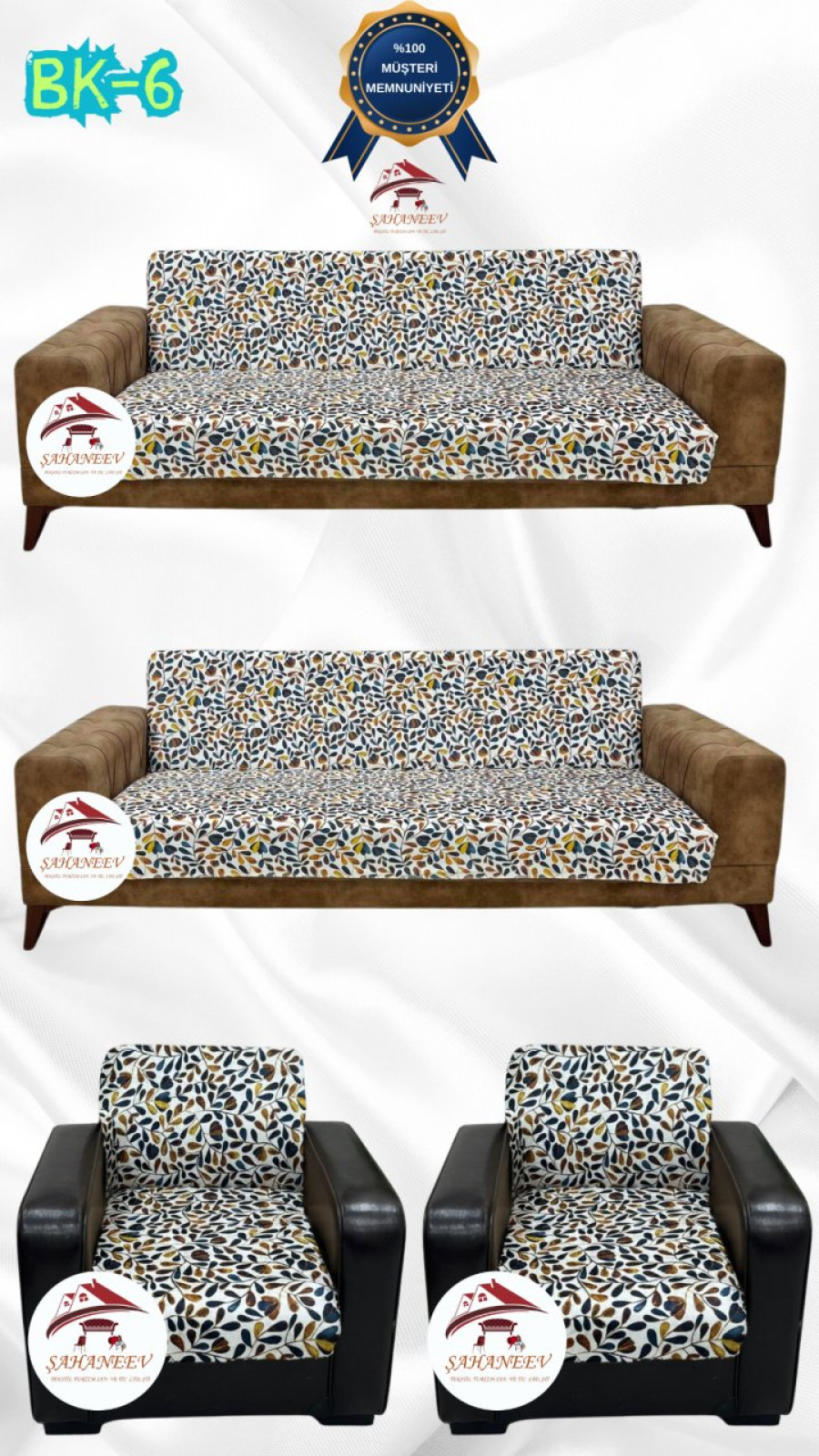 Desenli Baskılı Kadife Kolsuz Koltuk Kılıfı - Elastik Esnek Koltuk Takımı Koruyucu Set Model BK-06 Renk 3+3+1+1 (4 Parça Set) Özel Ölçü